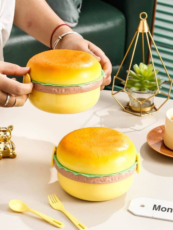 2 Pc Round Cute Burger Shape Lunch Box Perfect For School Kids Office 2