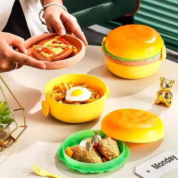 2 Pc Round Cute Burger Shape Lunch Box Perfect For School Kids Office 3