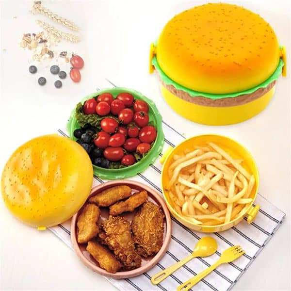 2 Pc Round Cute Burger Shape Lunch Box Perfect For School Kids Office 4