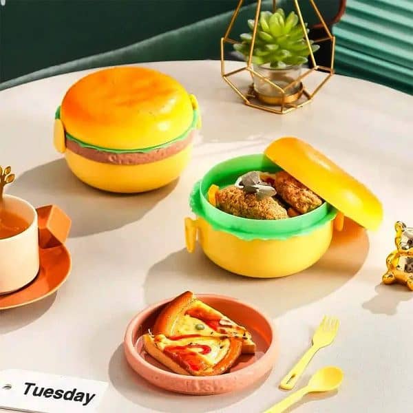 2 Pc Round Cute Burger Shape Lunch Box Perfect For School Kids Office 5