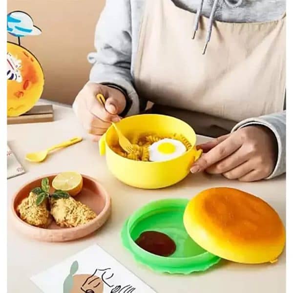 2 Pc Round Cute Burger Shape Lunch Box Perfect For School Kids Office 6