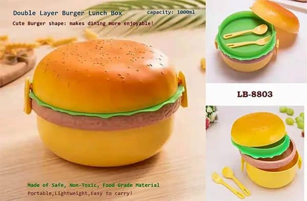 2 Pc Round Cute Burger Shape Lunch Box Perfect For School Kids Office 7