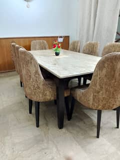 Marble dining table with 8 turkish cloth chairs