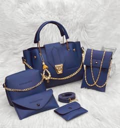 4 Pcs Women's PU Leather Plain Hand Bag Set 0