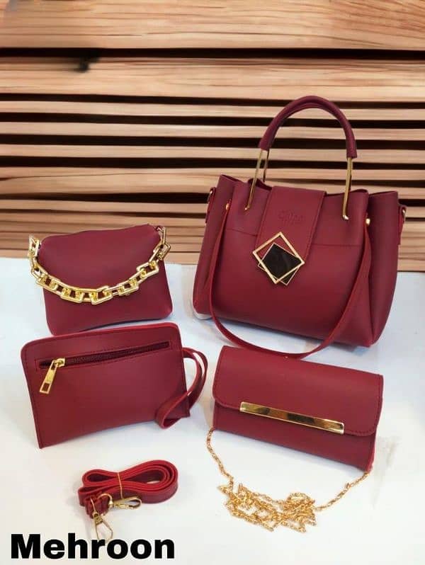 4 Pcs Women's PU Leather Plain Hand Bag Set 4