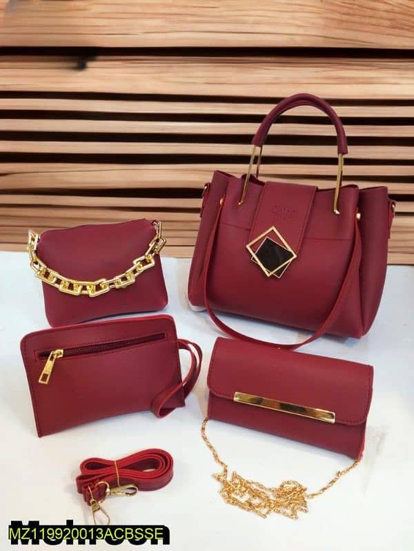 4 Pcs Women's PU Leather Plain Hand Bag Set 5