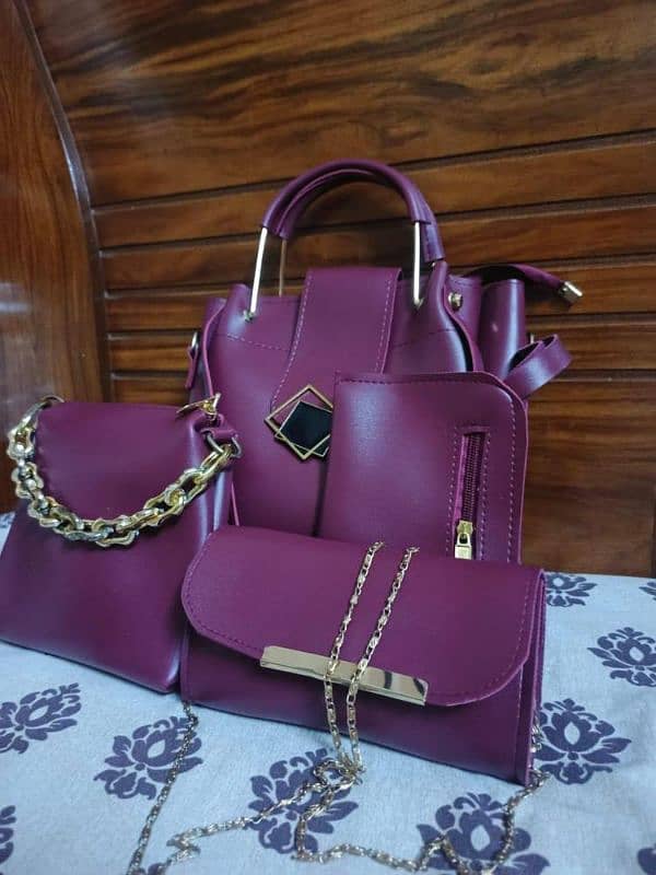 4 Pcs Women's PU Leather Plain Hand Bag Set 6