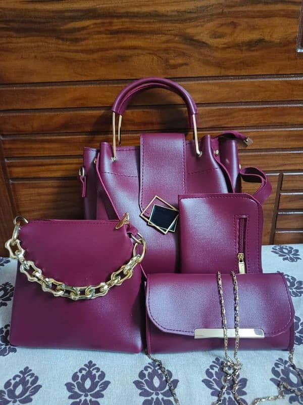 4 Pcs Women's PU Leather Plain Hand Bag Set 7