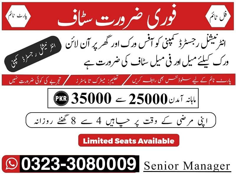 Male female staff required, Matric to Master part time full time 0