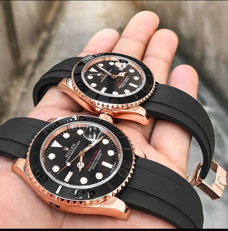 High Quality Men's RLX Yachtmaster Rose Gold Black Rubber Strap Watch 1