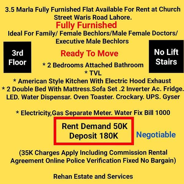 3.5Marla Fully Furnished Flat For Rent at Church Street Waris Road LHR 0