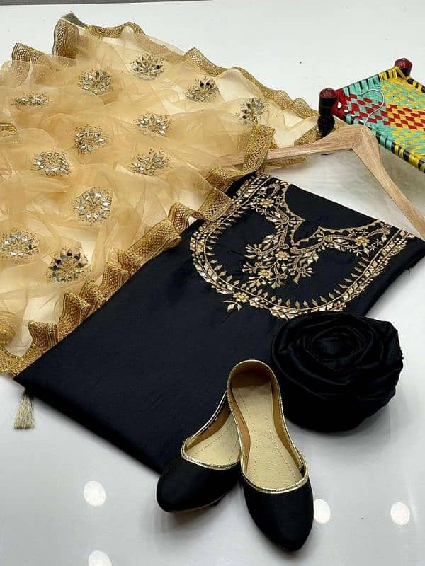 3 Pcs Women's Unstitched Silk Mirror Work Embroidered Suit with Khussa 2