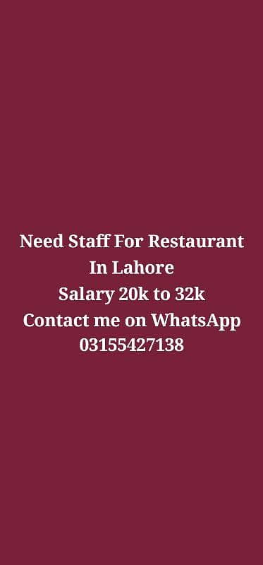 Need Staff For Restaurant In Lahore 0