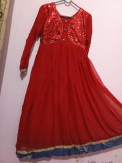 Stunning Red Sequined Frock with Golden & Blue Hemline 0