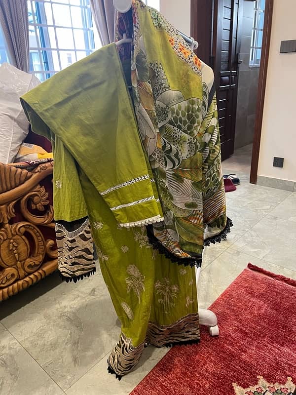 green embroidered formal silk dupatta full suit 1