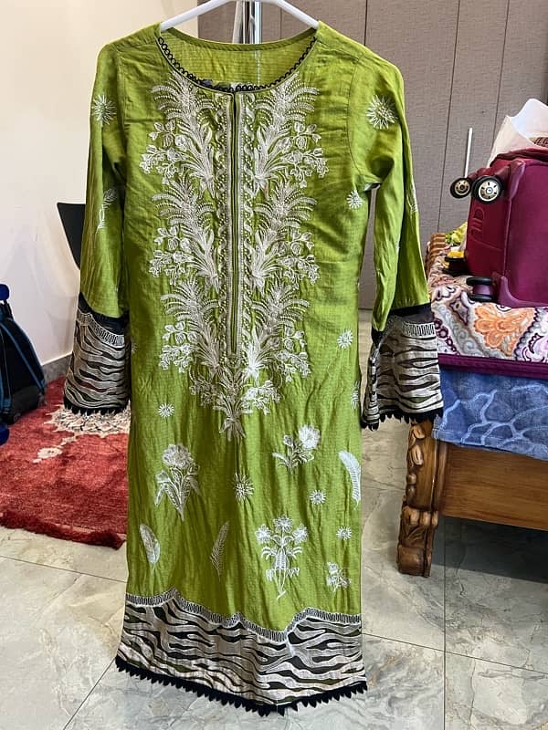 green embroidered formal silk dupatta full suit 2