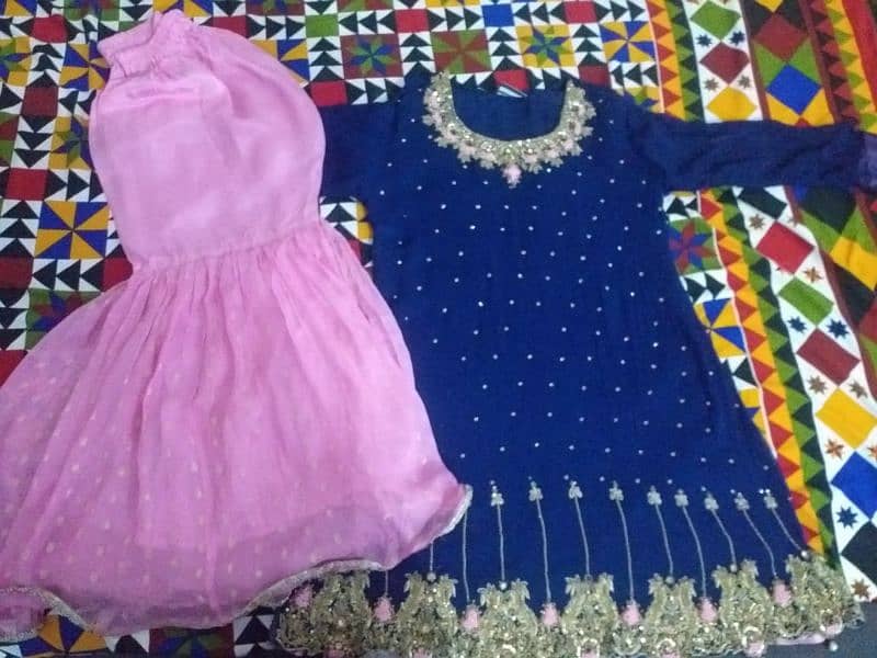 ready to wear blue frock with pink paplum nd blue dupta 1