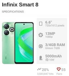 Infinix smart8 Ram 4+4 Rom 64 GB