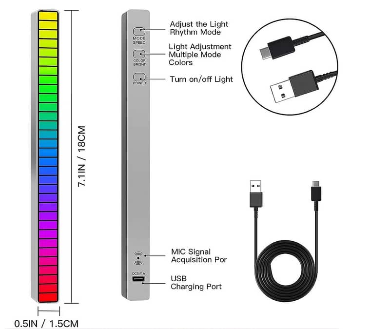 Music Level Spectrum Rhythm Pickup RGB LED Light Bar Voice APP Control 1
