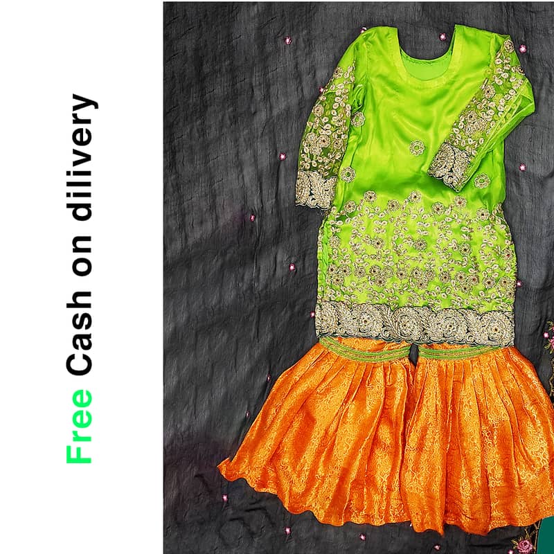 Shandar 3-Piece Embroidered Green, Pink, and Orange Dress for Wedding 4