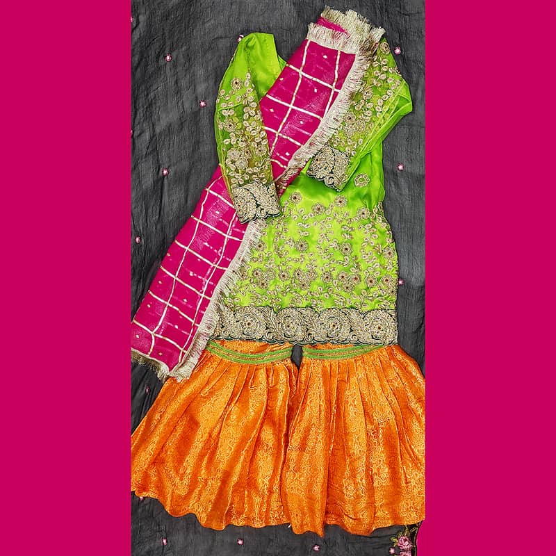 Shandar 3-Piece Embroidered Green, Pink, and Orange Dress for Wedding 5