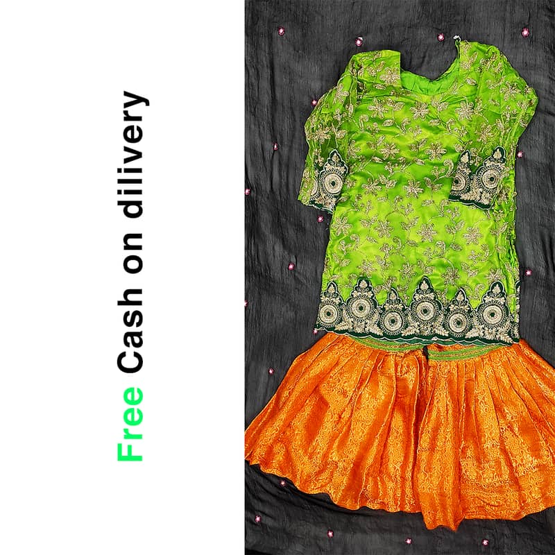 Shandar 3-Piece Embroidered Green, Pink, and Orange Dress for Wedding 9