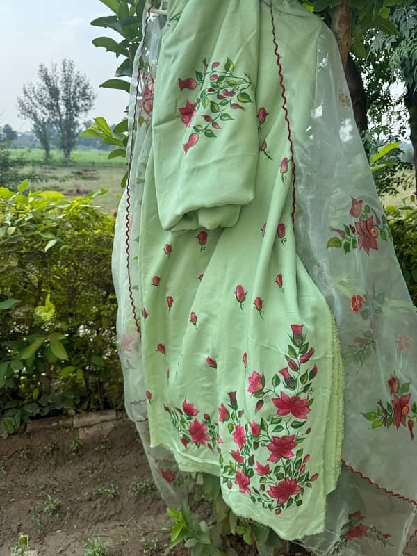 Hand painted 3 Piece with Organza dupatta 1