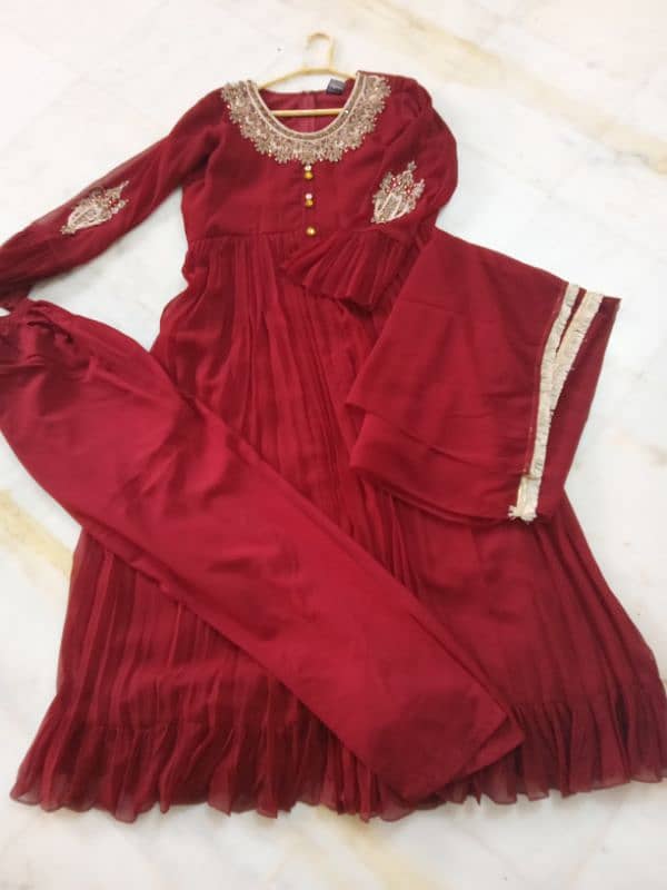 beautiful red frock with duppatta & trouser 1