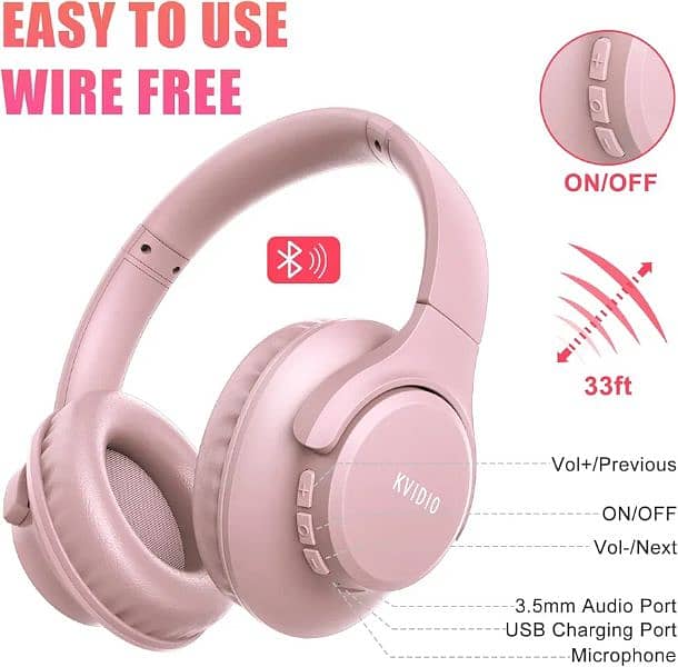 kivido Bluetooth pink headphones 65 hrs battery microphone headset 4