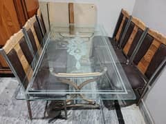 Glass Metallic Big Dinning Table with 6 Chairs