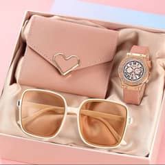 3Pcs Luxury Leather Wallet, Branded watch,Pure Plastic Sunglasses