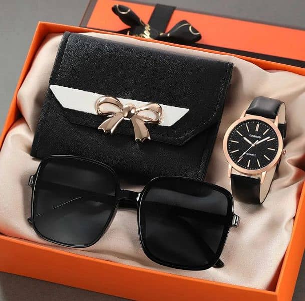 3Pcs Luxury Leather Wallet, Branded watch,Pure Plastic Sunglasses 3