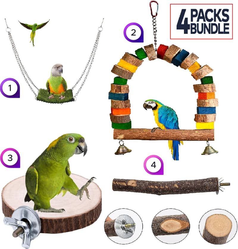 Parrot toys beautiful swings perches natural wooden and Iron stands 0