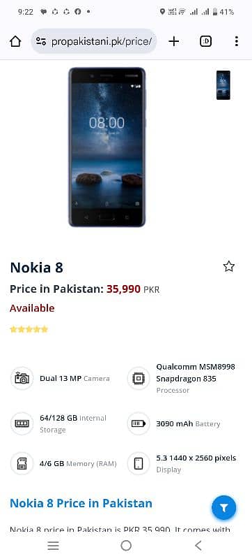 Nokia 8 . . 6GB / 128 GB 11