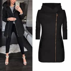 Women Long Leather Patch Side Zipper Jacket 0