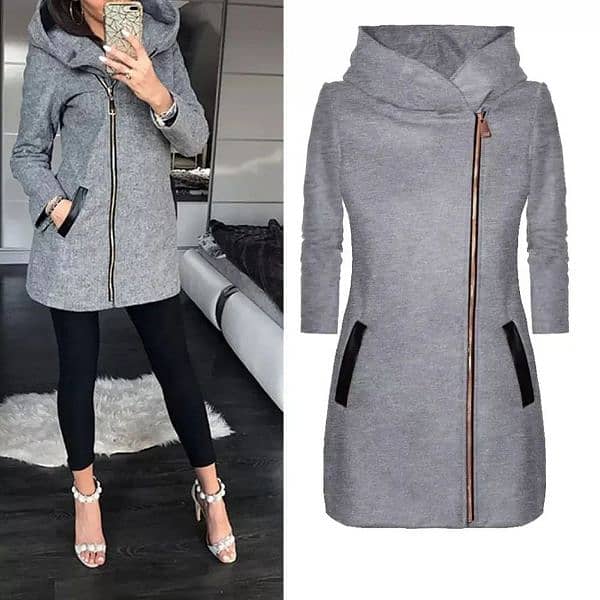 Women Long Leather Patch Side Zipper Jacket 2