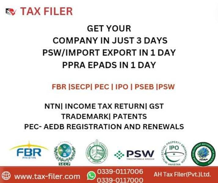 TAX RETURN,GST,FILER,SRB,NTN,SALE TAX,SECP,TRADEMARK,LLC INCORPORATION 3