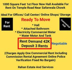 1000 Sq. Ft 1st Floor Hall For Rent at Temple Rd Near Safanwala Chowk