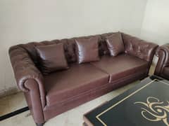 6 seater Dark Brown Pure Leather Sofa Set & Trendy Table 0