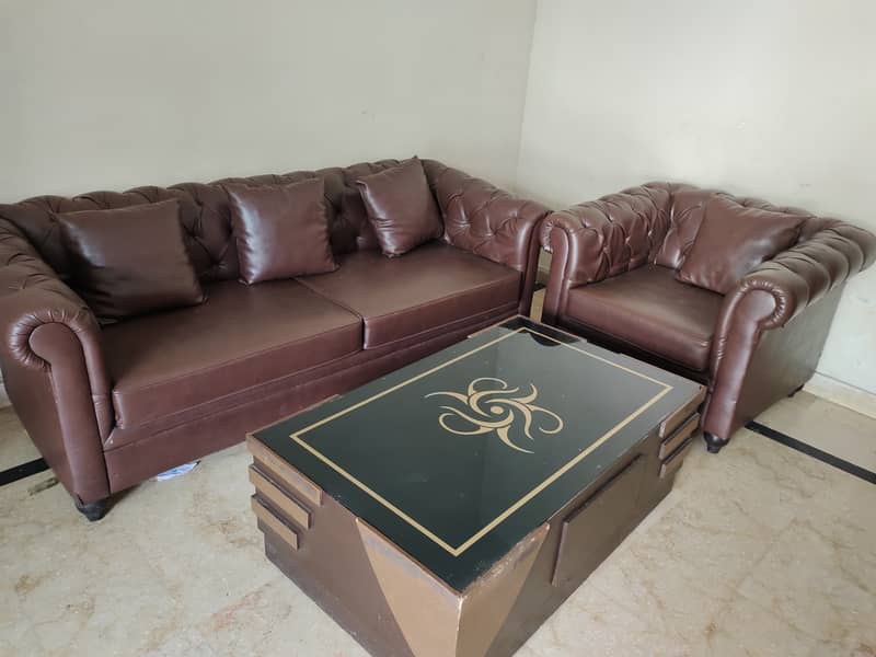 6 seater Dark Brown Pure Leather Sofa Set & Trendy Table 1