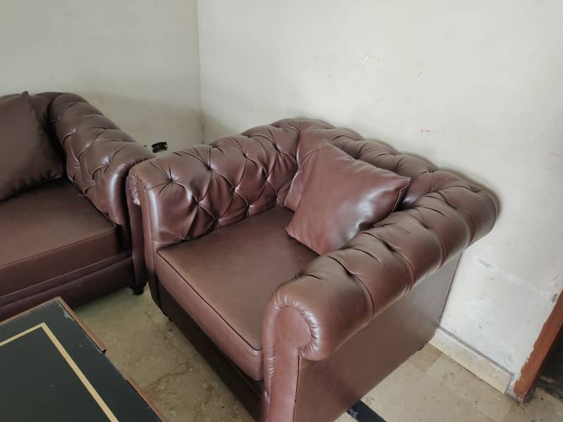 6 seater Dark Brown Pure Leather Sofa Set & Trendy Table 2