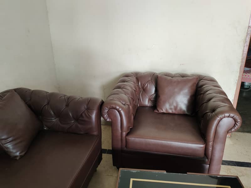 6 seater Dark Brown Pure Leather Sofa Set & Trendy Table 3