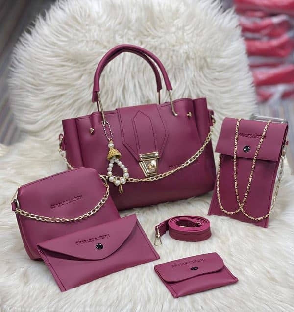 5 Pcs Women’s Pu Leather Plain Long Strap Hand Bag Wallet Set 4