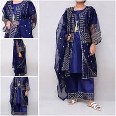 3 Pcs Women's Stitched Organza Embroidered Suit