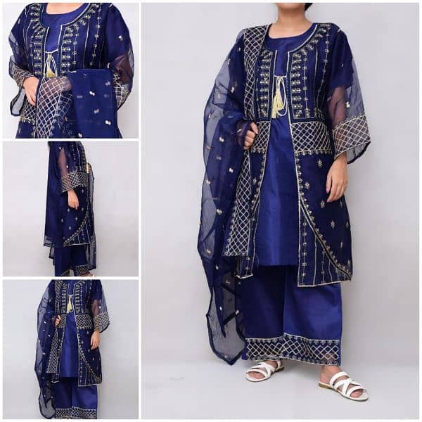 3 Pcs Women's Stitched Organza Embroidered Suit 0