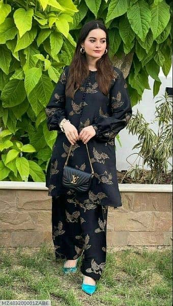 2 pcs women's stitched Linen black printed shirt and trouser 1