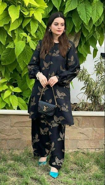 2 pcs women's stitched Linen black printed shirt and trouser 3