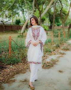 2 pcs women stitched linen sequin embroidered shirt and trouser 0