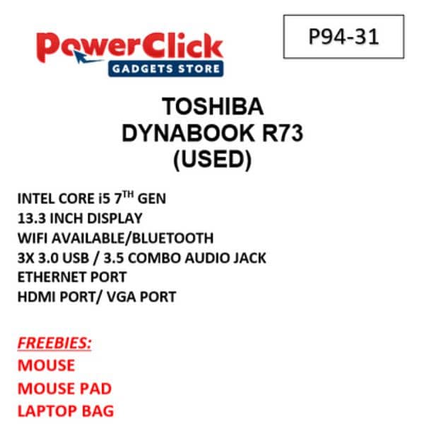 Toshia Dynabook R73 Intel  Core i5-6Th Gen, 2.7GHz SSD 256GB RAM 4GB 4