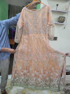 Long Maxi with heavy embroidery on Net and Silk Fabric light peach